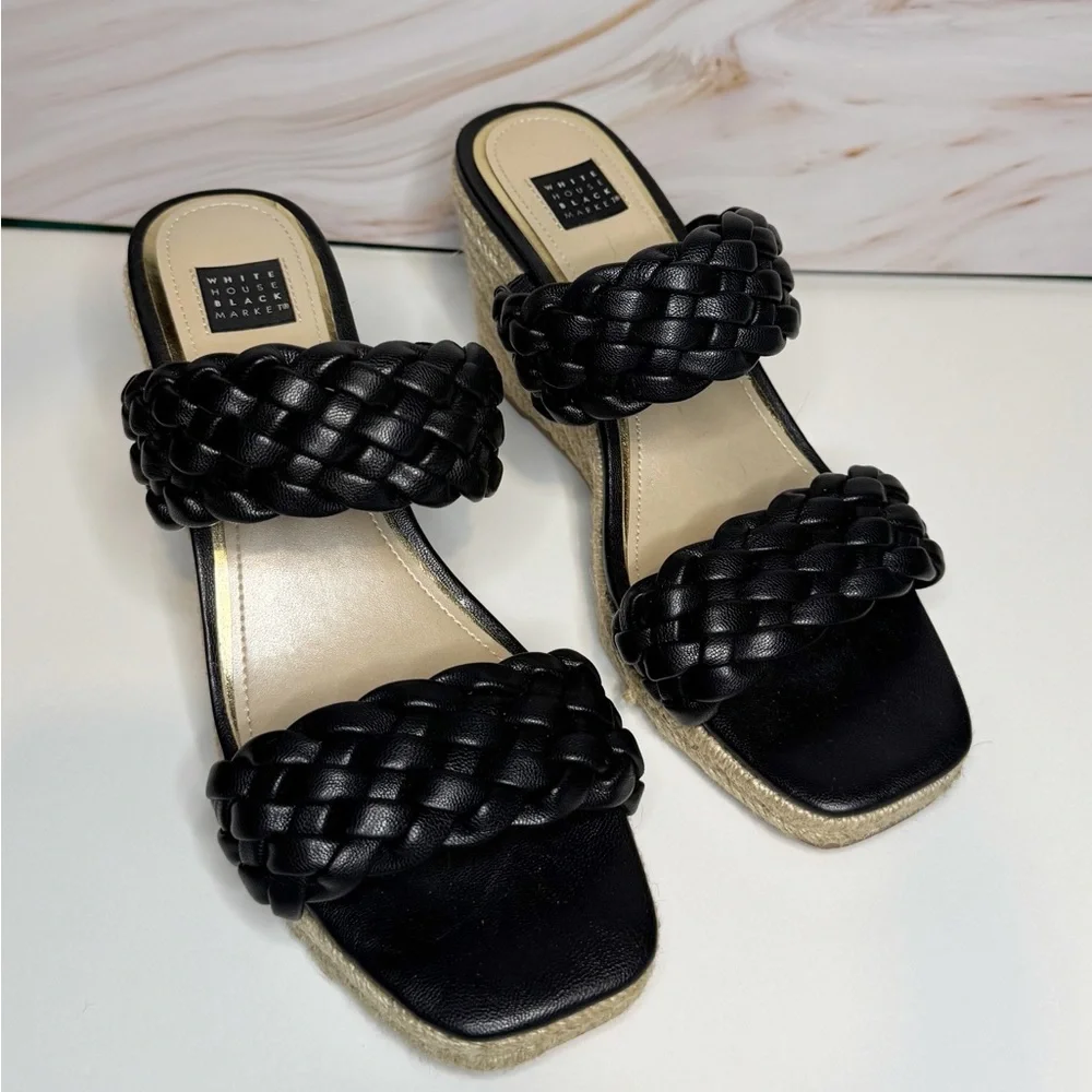 White House Black Market Black Braided Wedge Sandals Espadrille Platform 8